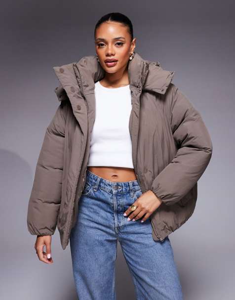 ASOS DESIGN cloud puffer jacket with oversized hood in mocha - view 1