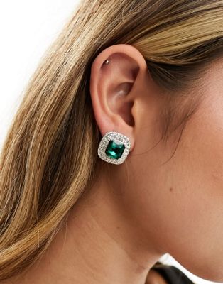 ASOS DESIGN stud earrings with crystal and emerald look design in silver tone - ASOS Price Checker