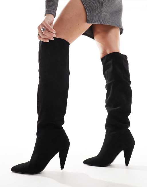 ASOS DESIGN Clove cone heel slouch knee boots in black micro ASOS