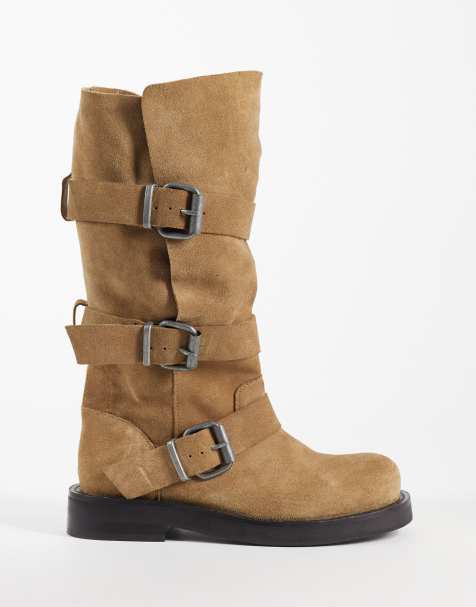 ASOS DESIGN Clover boho kozaki do kolan z klamrą, luźne, zamszowe, taupe - view 1
