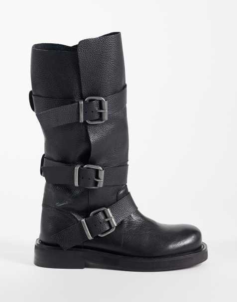 ASOS DESIGN Clover botas boho holgadas hasta la rodilla con hebilla en negro efecto cuero - view 1