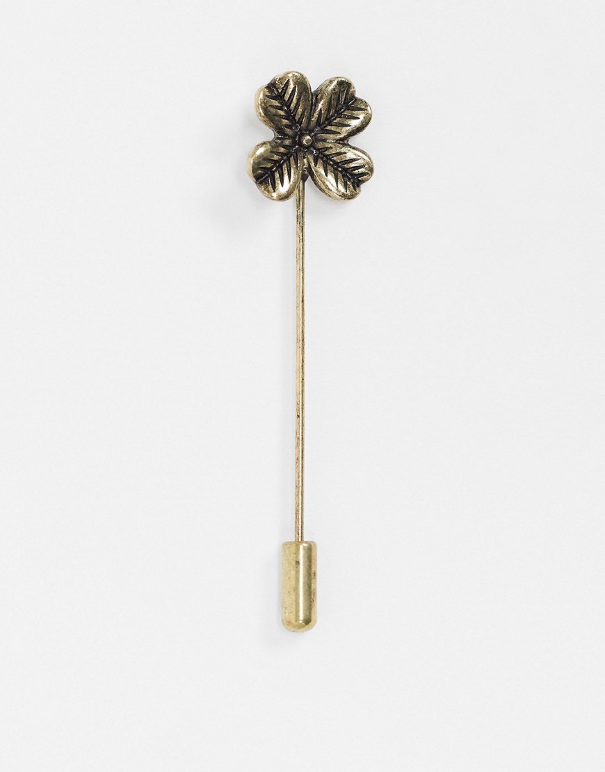 ASOS DESIGN clover lapel pin in burnished gold
