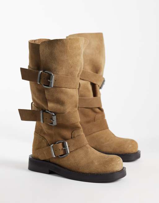 ASOS DESIGN Clover real suede boho buckle slouchy knee boots in taupe , 2 of 4