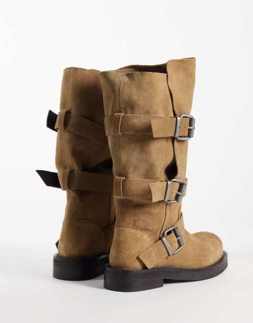ASOS DESIGN Clover real suede boho buckle slouchy knee boots in taupe , 4 of 4
