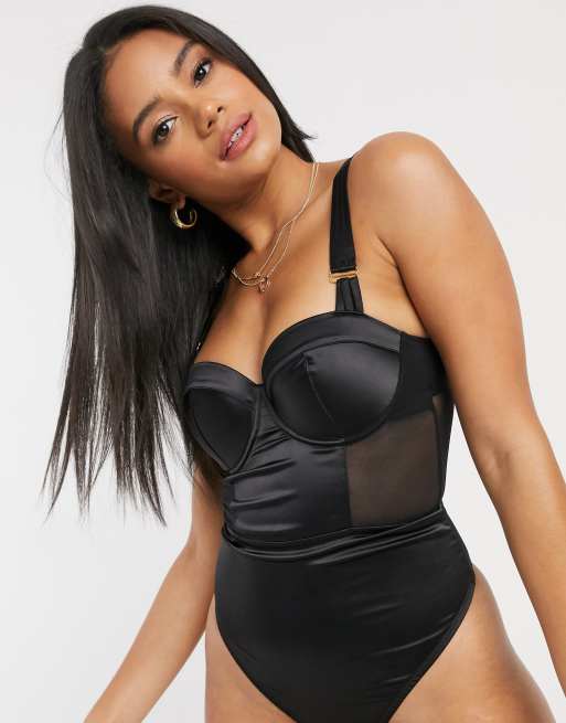 Black Satin Underwired Mesh Panel Bodysuit, Black from