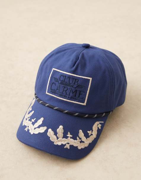 ASOS DESIGN club carme baroque embroidered cap with rope detail in navy - view 1