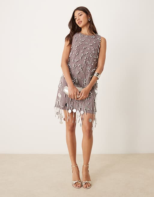 ASOS DESIGN cluster bead mini shift dress with fringing in ASOS DESIGN cluster bead mini shift dress with fringing in