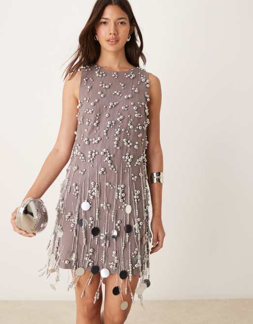 asos beaded shift dress ARRANGE embellished beaded square neck mini shift dress in olive