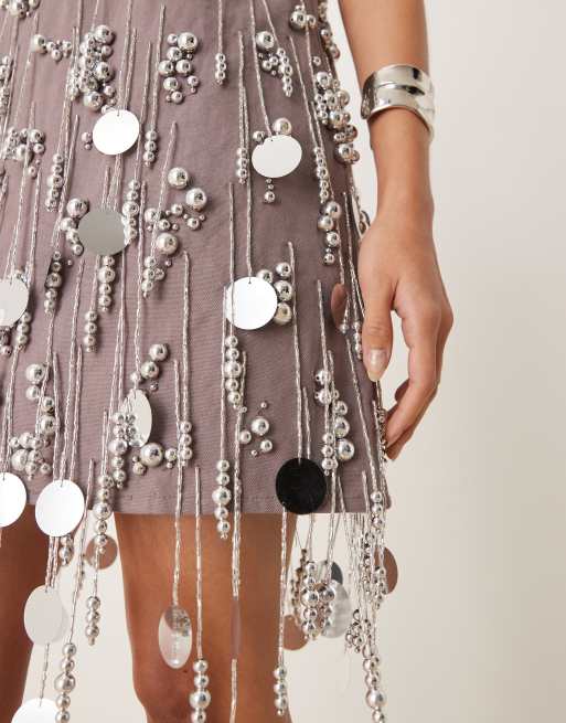 asos beaded shift dress ASOS DESIGN cluster bead shift mini dress with fringing in grey