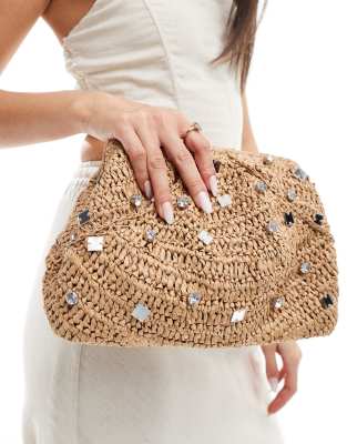 ASOS DESIGN - Clutch aus Stroh in Neutral mit Schmuckstein-Details