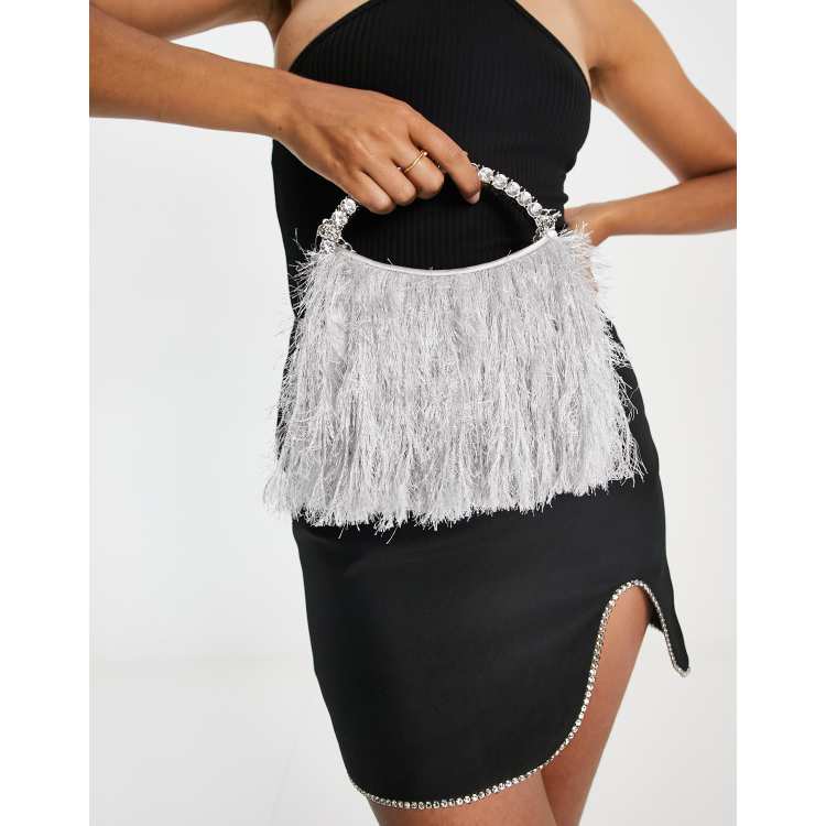 Ostrich Feather and Pearl Embellished Ring Clasp Evening Bag