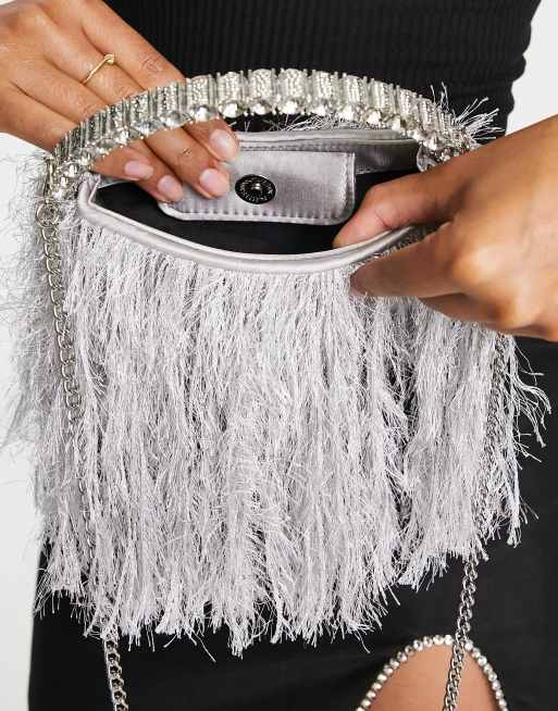 Ostrich Feather and Pearl Embellished Ring Clasp Evening Bag