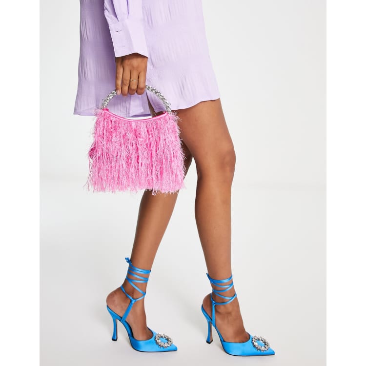 ASOS DESIGN bratz satin heart grab clutch bag with diamante in blue