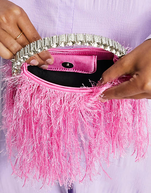 ASOS DESIGN clutch bag in feather with diamante top handle in pink with  detachable cross body strap