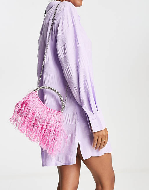 ASOS DESIGN clutch bag in feather with diamante top handle in pink with  detachable cross body strap