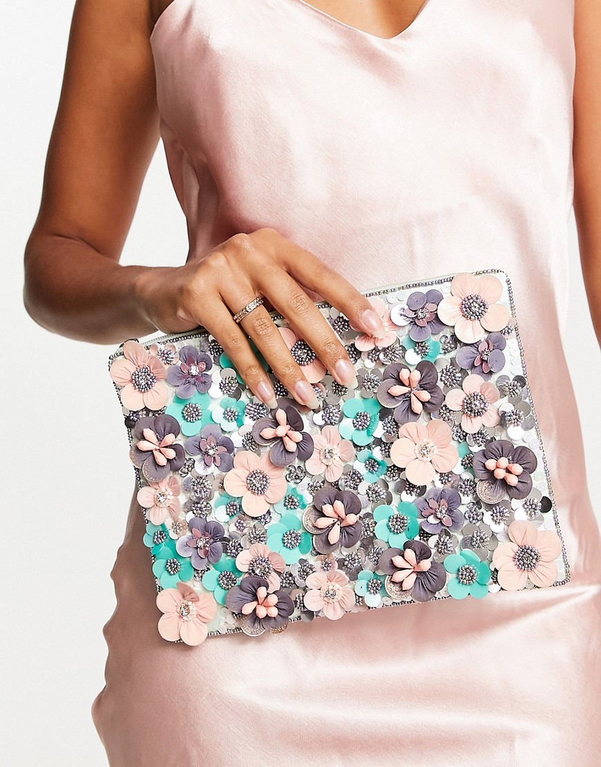 ASOS DESIGN clutch with 3D flowers in pink-Green