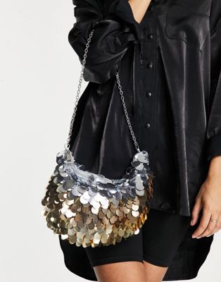 ASOS DESIGN clutch bag with large sequin discs and chain handle in metallic ombre