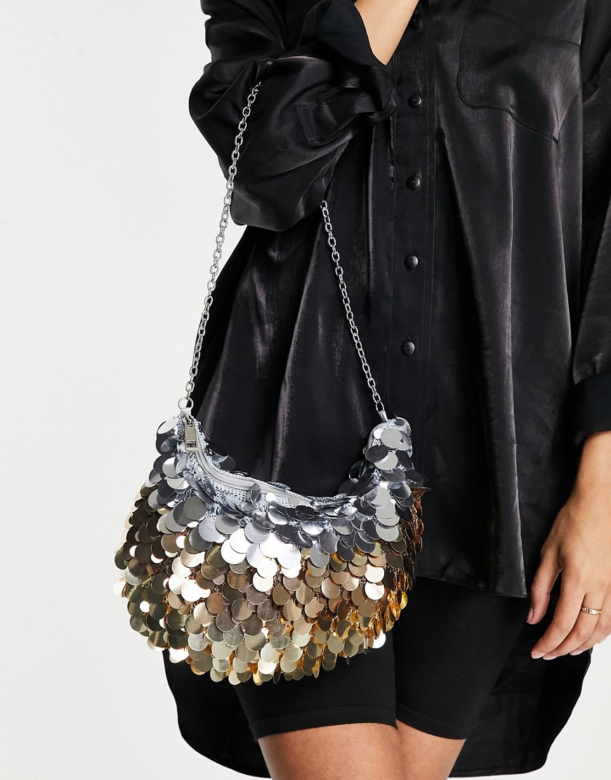 ASOS DESIGN clutch bag with large sequin discs and chain handle in metallic ombre-Multi