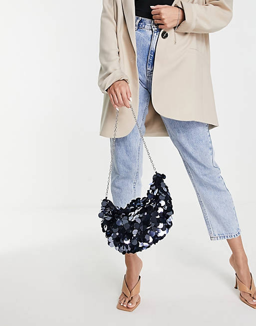 ASOS DESIGN clutch bag with large sequin discs and chain handle in petrol blue