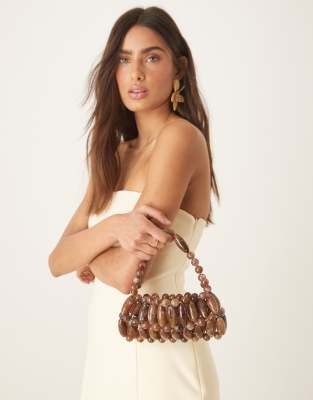 ASOS DESIGN - Clutch in Schokobraun mit Kunstharzperlen