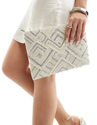 ASOS DESIGN - Clutch in Weiß mit Perlenverzierung und Reißverschluss oben