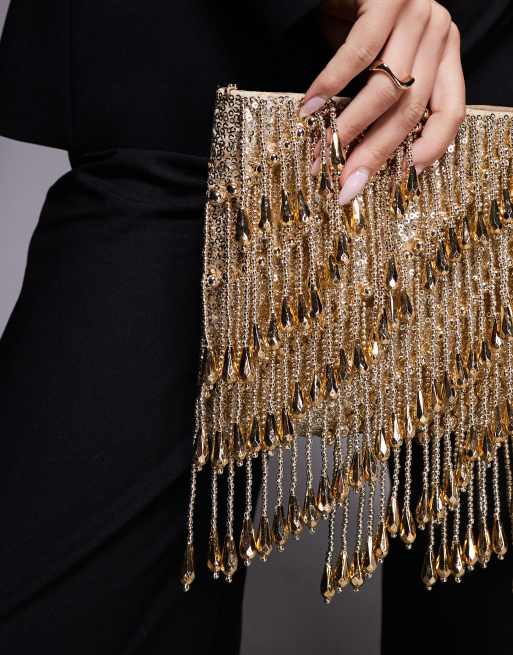 ASOS DESIGN - Clutch tas met druppelvormige kralen en ritssluiting in goud, 2 van 4