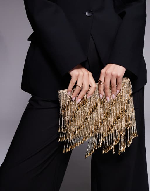 ASOS DESIGN - Clutch tas met druppelvormige kralen en ritssluiting in goud, 3 van 4