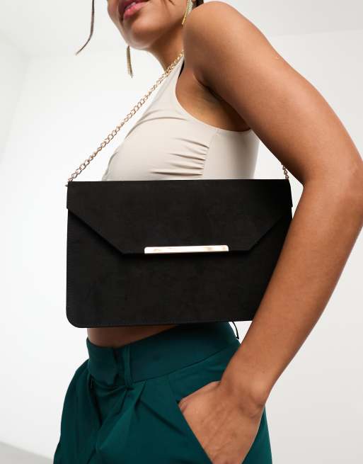 ASOS DESIGN - Clutch van suède-achtige stof met schakelketting en afneembare kettingband in zwart