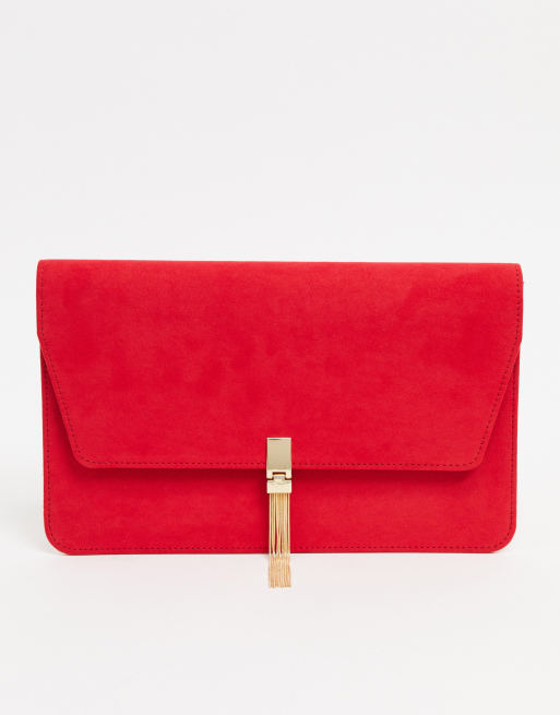 ASOS DESIGN clutch with tab & tassel in red | ASOS