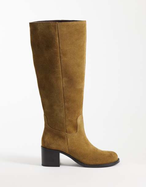 ASOS DESIGN Clyde knähöga boots med rund tå och drag på i olivfärgad mocka - view 1