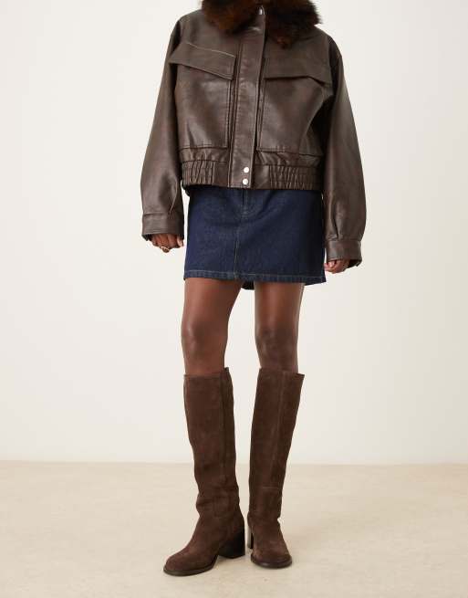 ASOS DESIGN Clyde round toe pull on knee boots in chocolate suede