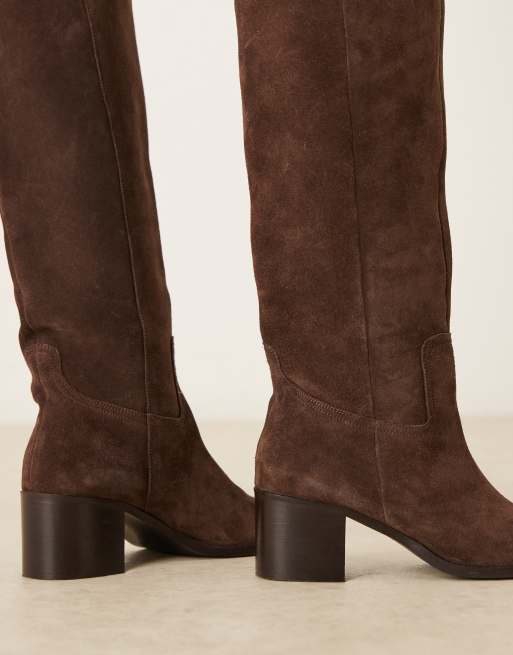 ASOS DESIGN Clyde round toe pull on knee boots in chocolate suede