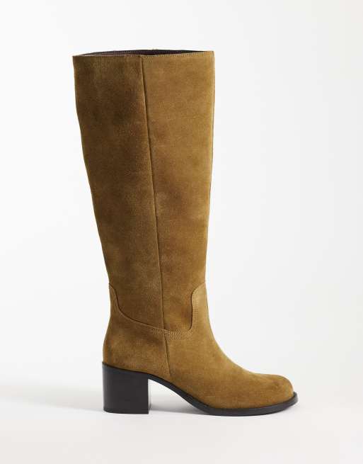 ASOS DESIGN Clyde round toe pull on knee boots in olive suede, 2 of 4