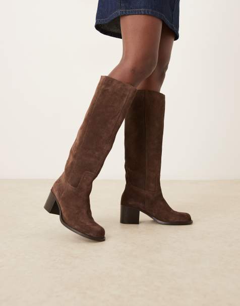 ASOS DESIGN Clyde suede round toe pull on knee boots in chocolate suede - view 1
