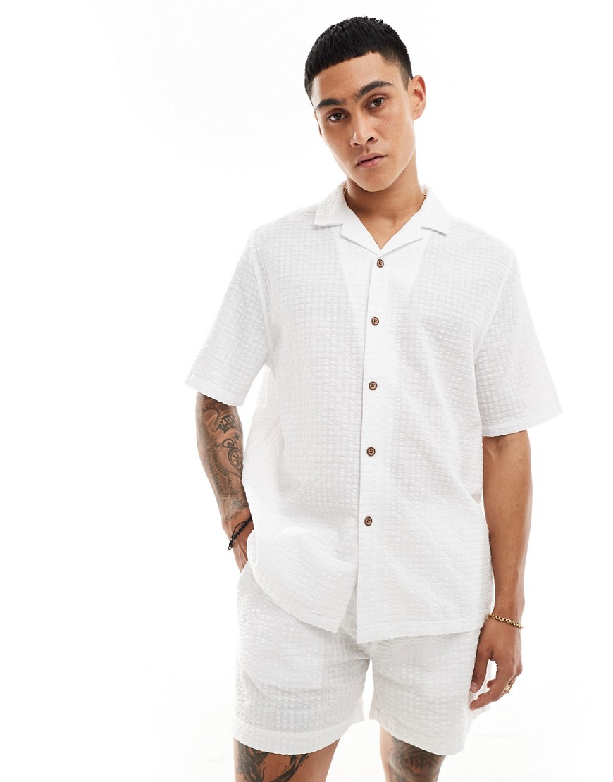 ASOS DESIGN co-ord 90s oversized short sleeve shirt in seersucker texture in white