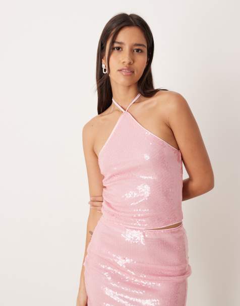 ASOS DESIGN co-ord allover sequin mesh halterneck top in pink - PINK - view 1