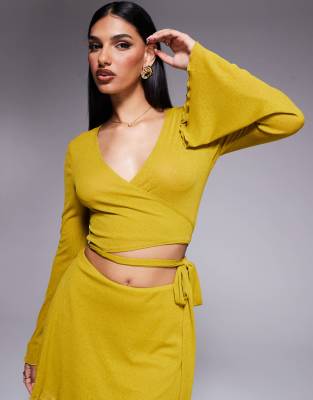 ASOS DESIGN co-ord angel sleeve mesh wrap front top in chartreuse-Green
