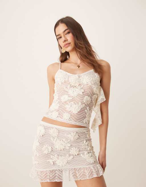 ASOS DESIGN co-ord applique floral detail drape cami top in white - WHITE