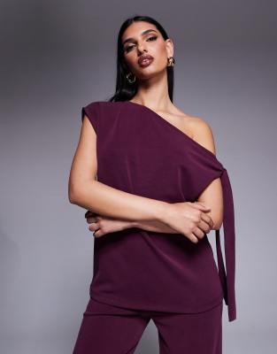 ASOS DESIGN co-ord asymmetric cupro top with tie detail in grape-Purple