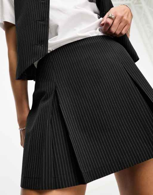 ASOS DESIGN co-ord asymmetric pleat mini skirt in black pinstripe