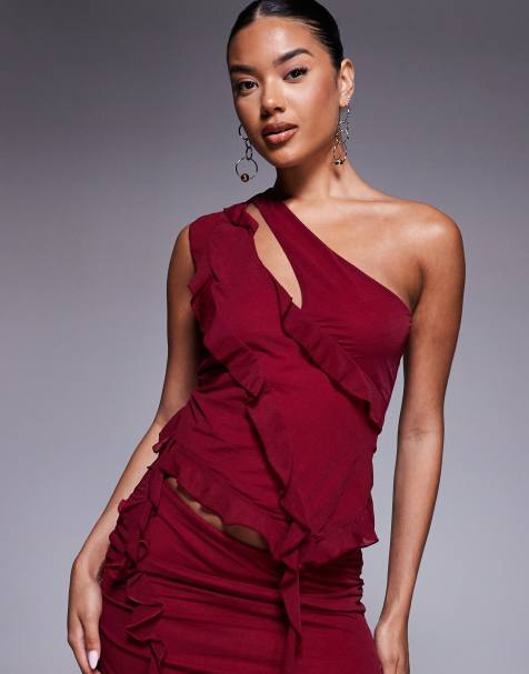 ASOS DESIGN co-ord asymmetric ruffle top with cut out in wine - view 1