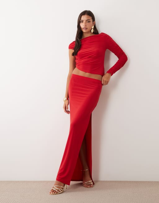 ASOS DESIGN co-ord asymmetric slinky draped top in red, 2 of 4