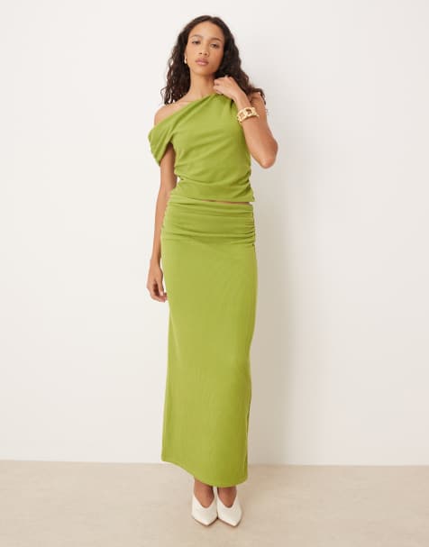 ASOS DESIGN co-ord asymmetric textured rib top and maxi skirt in green - view 1