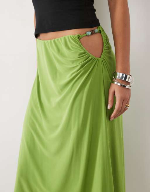 ASOS DESIGN co-ord awkward crop asym skirt with beads in olive, 4 of 5