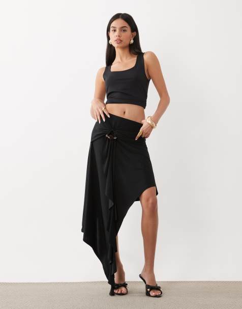 ASOS DESIGN co-ord awkward crop hanky hem skirt with hardware in black - view 1