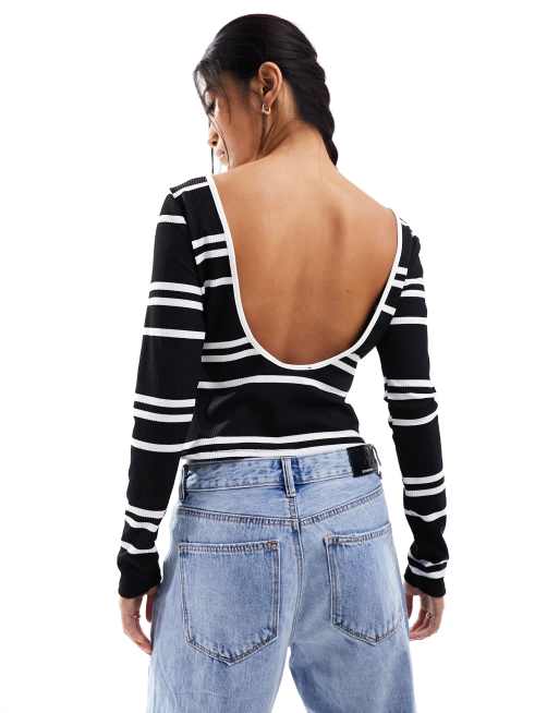 Miss Selfridge long sleeve backless top in black and white stripe