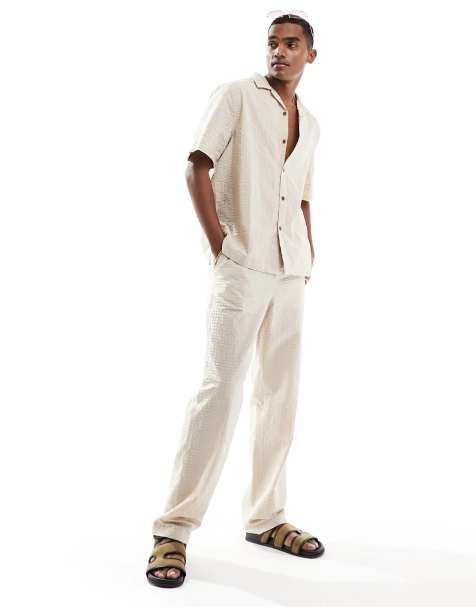 ASOS DESIGN co-ord baggy seersucker beach trouser with elasticated waist in stone - view 1