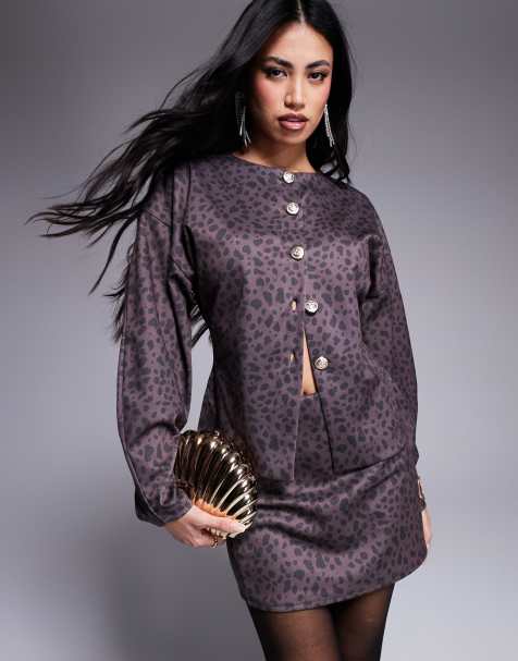 ASOS DESIGN co-ord balloon sleeve structured button through top in plum animal print - view 1