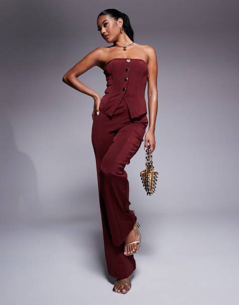 ASOS DESIGN co-ord bandage bandeau top and straight leg trouser in burgundy - view 1