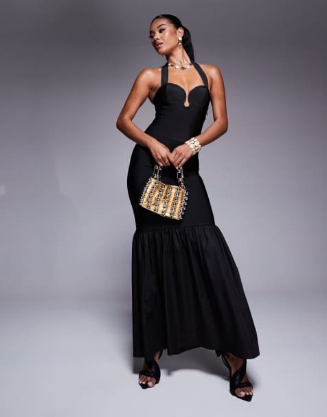 ASOS DESIGN co-ord bandage scoop detail halter neck top and maxi skirt in black - view 1